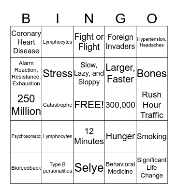 Health and Stress Bingo Card