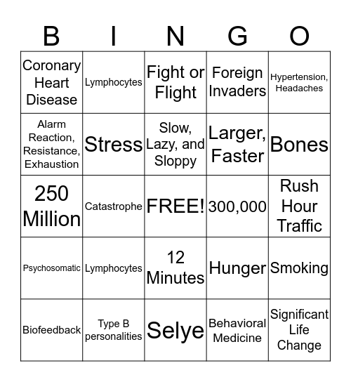 Health and Stress Bingo Card