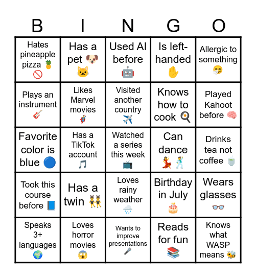 Icebreaker Bingo Card