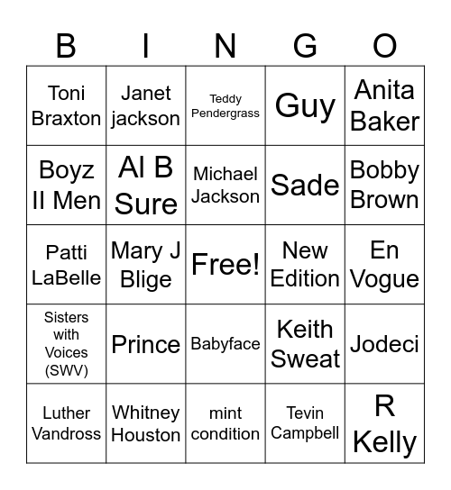1980s and 1990s R&B Bingo Card