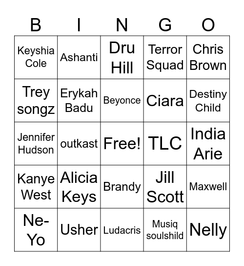 2000s R&B Bingo Card