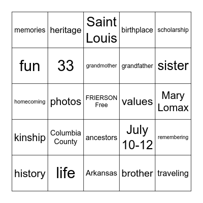 FRIERSON FAMILY REUION Bingo Card