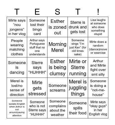 TEST on holiday! Bingo Card