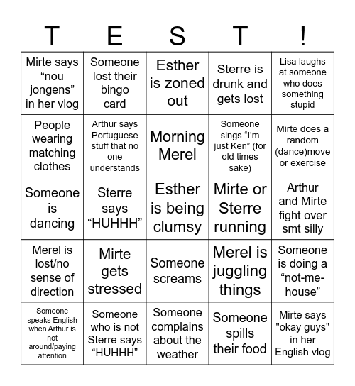 TEST on holiday! Bingo Card