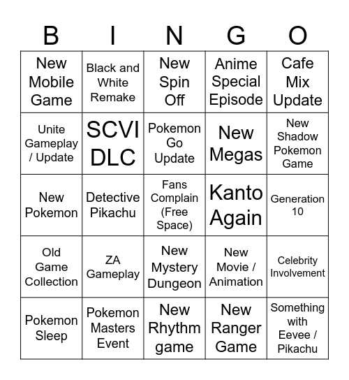Pokemon Presents Bingo Card
