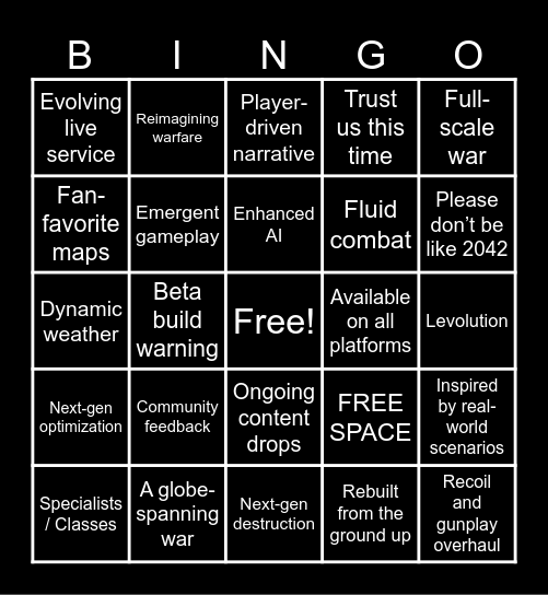 Battlefield Event Bingo Card Bingo Card