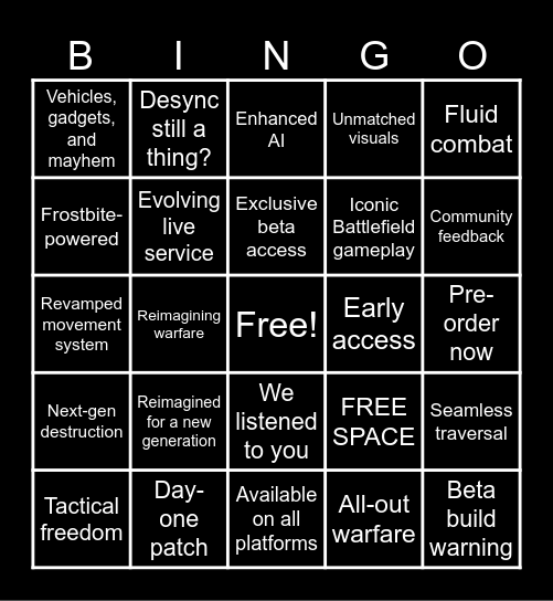 Battlefield Event Bingo Card Bingo Card