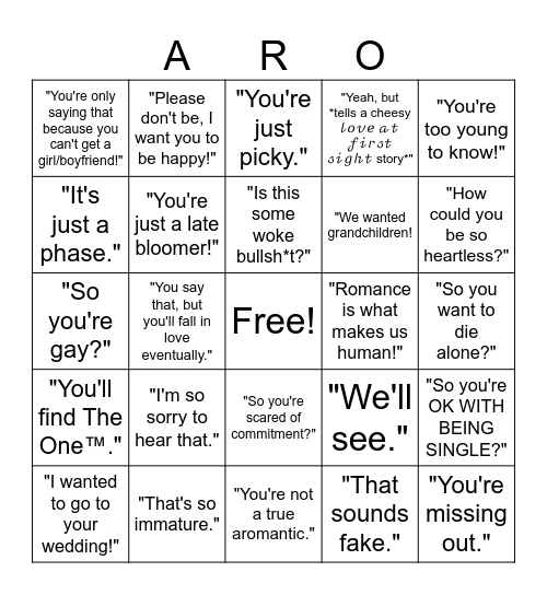 Aromantic Bingo Card