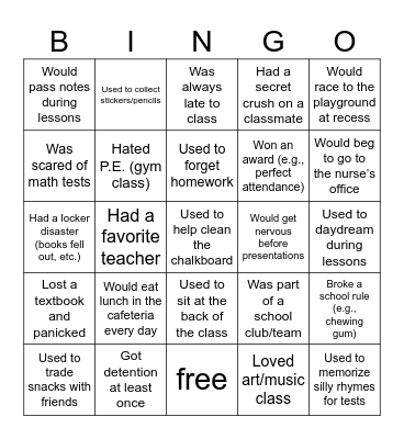 school memories Bingo Card