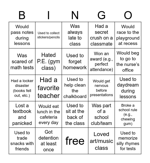school memories Bingo Card