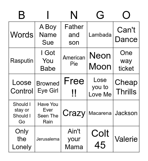 July Music Bingo Card