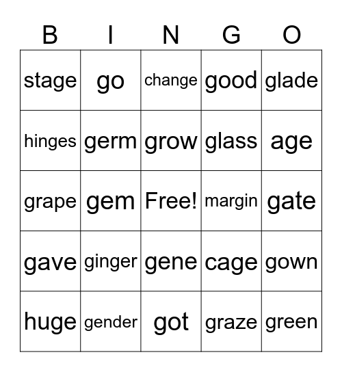 hard and soft g Bingo Card