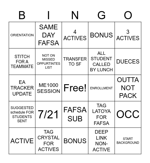 START DAY BINGO VIP Bingo Card