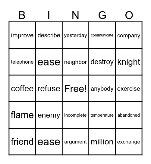 Word Bingo Card