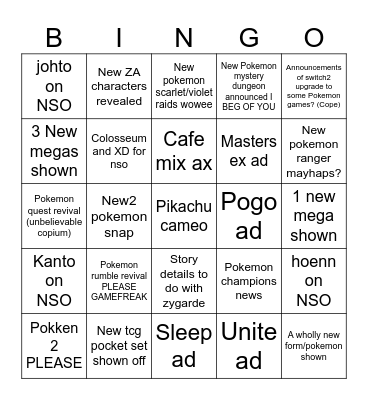 Pokemon presents bingo 22/07/25 Bingo Card