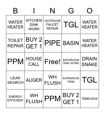 PLUMBING BINGO Card