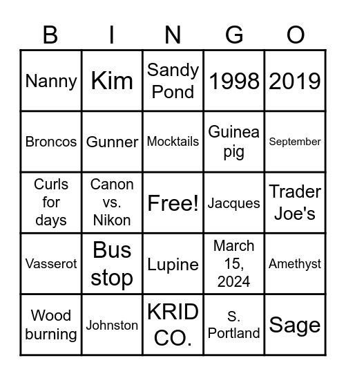 Krista's Bridal Shower Bingo Card