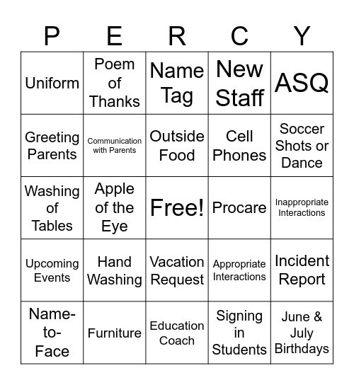 Primrose Percy Bingo Card
