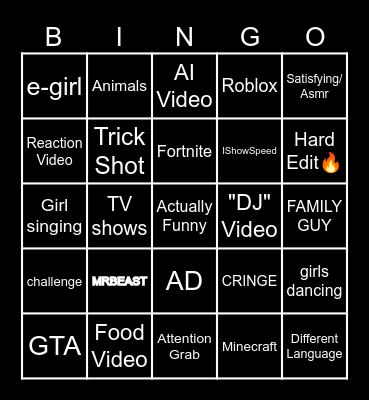 YouTube Shorts Bingo Card