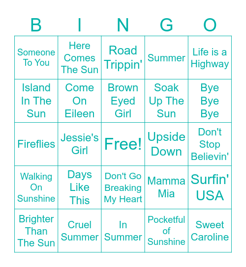 Summer Music Bingo Card