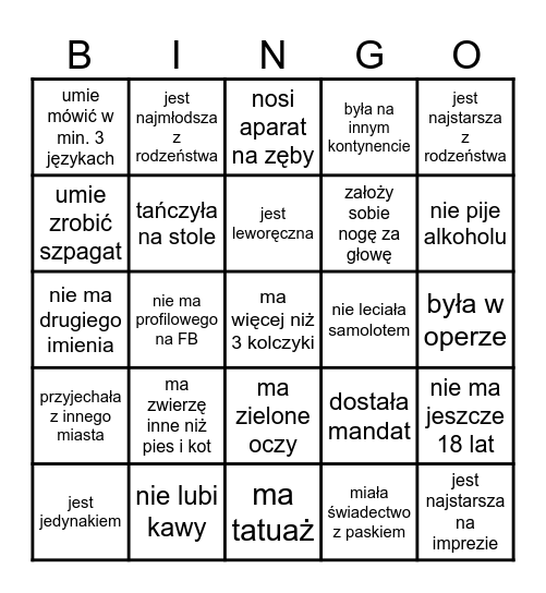 Znajdź osobę która: Bingo Card
