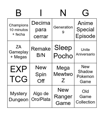 Pokemon Presents Bingo Card
