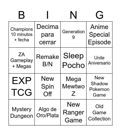 Pokemon Presents Bingo Card