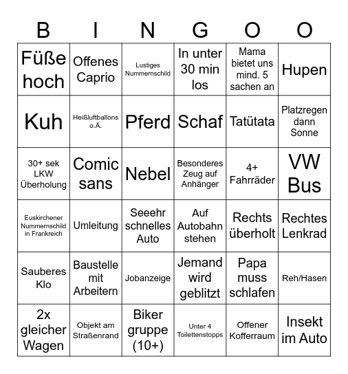 Frankreich fahrt Bingo Card