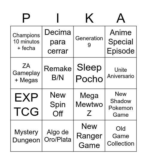 Pokemon Presents Bingo Card