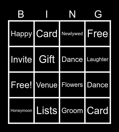 Reception Bingo Card