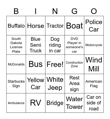 Road Trip Bingo Card