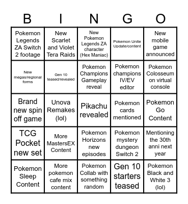Pokemon Presents 2025 Bingo Card