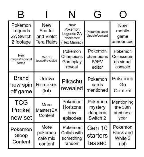Pokemon Presents 2025 Bingo Card