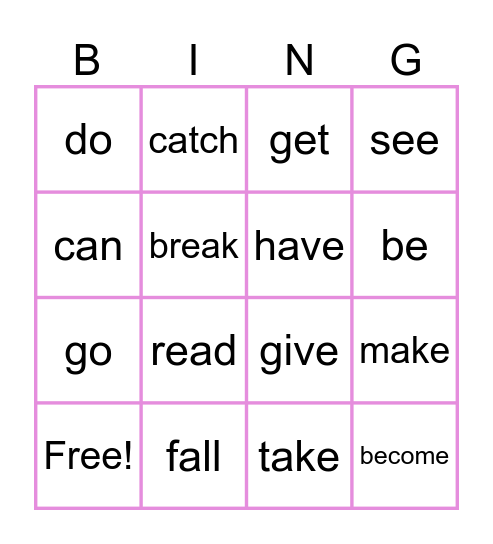 Irregular verbs Bingo Card