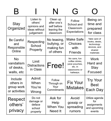 School Rules Bingo Card