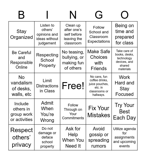 School Rules Bingo Card