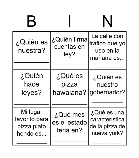 Los Estados Unidos Bingo Card