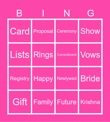 Reception Bingo Card