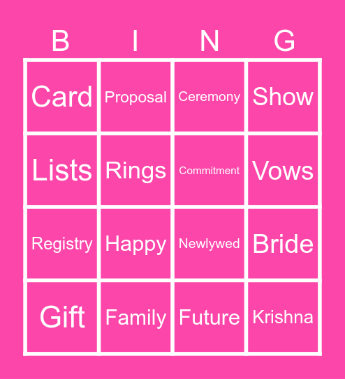 Reception Bingo Card