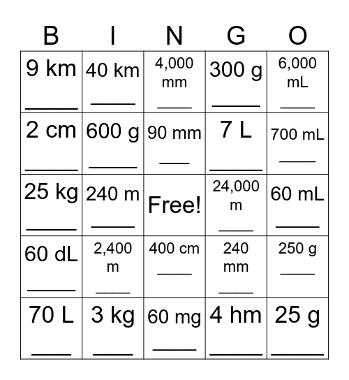 Metric Conversions 1 Bingo Card