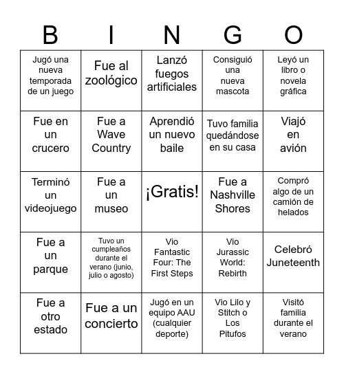Summer Bingo Spanish Bingo Card