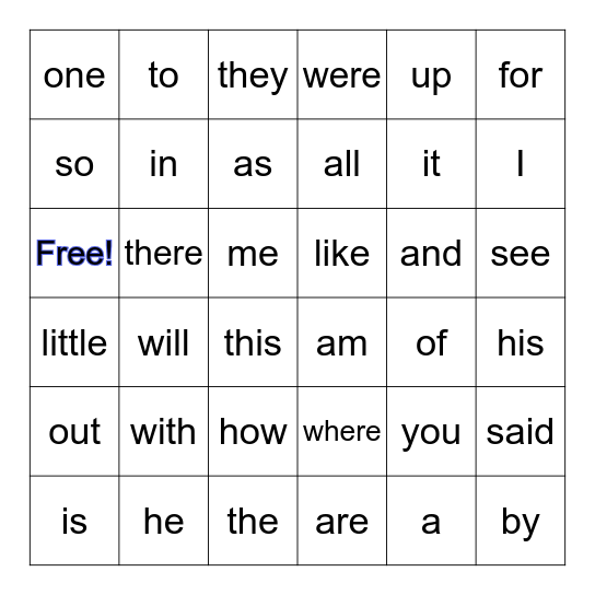 Sight Word Bingo Card