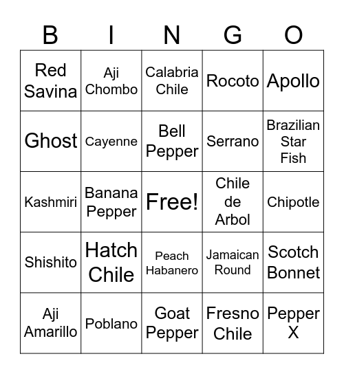 Hot Pepper Bingo! Bingo Card
