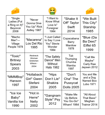 Cheesy Songs Bingo Card