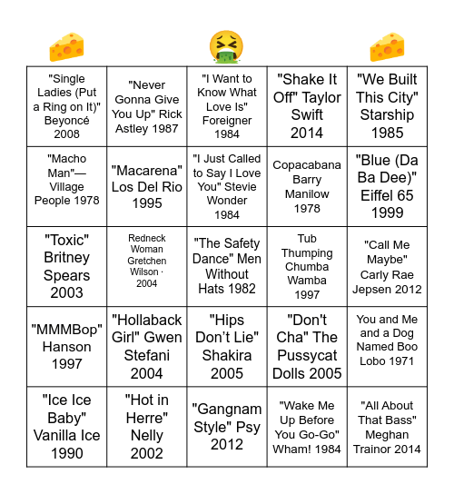 Cheesy Songs Bingo Card