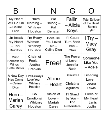 Divas & Power Ballads Bingo Card