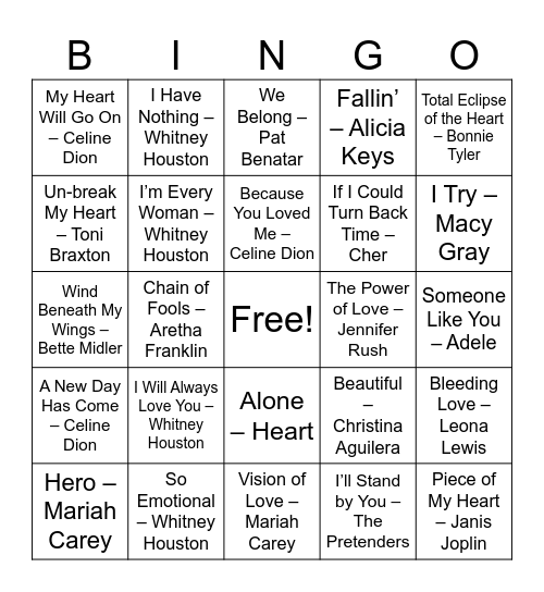 Divas & Power Ballads Bingo Card