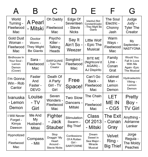 Musical Bingo Card