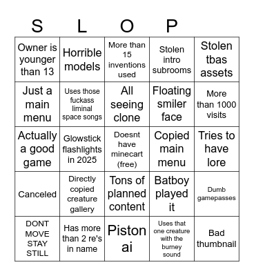 Rec room sloprooms Bingo Card