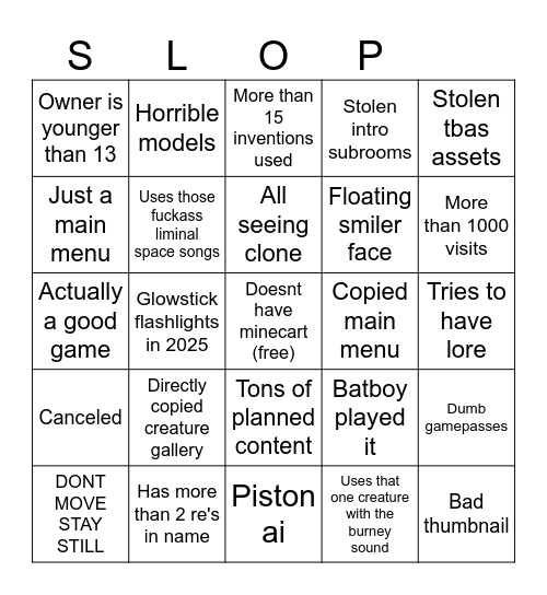 Rec room sloprooms Bingo Card